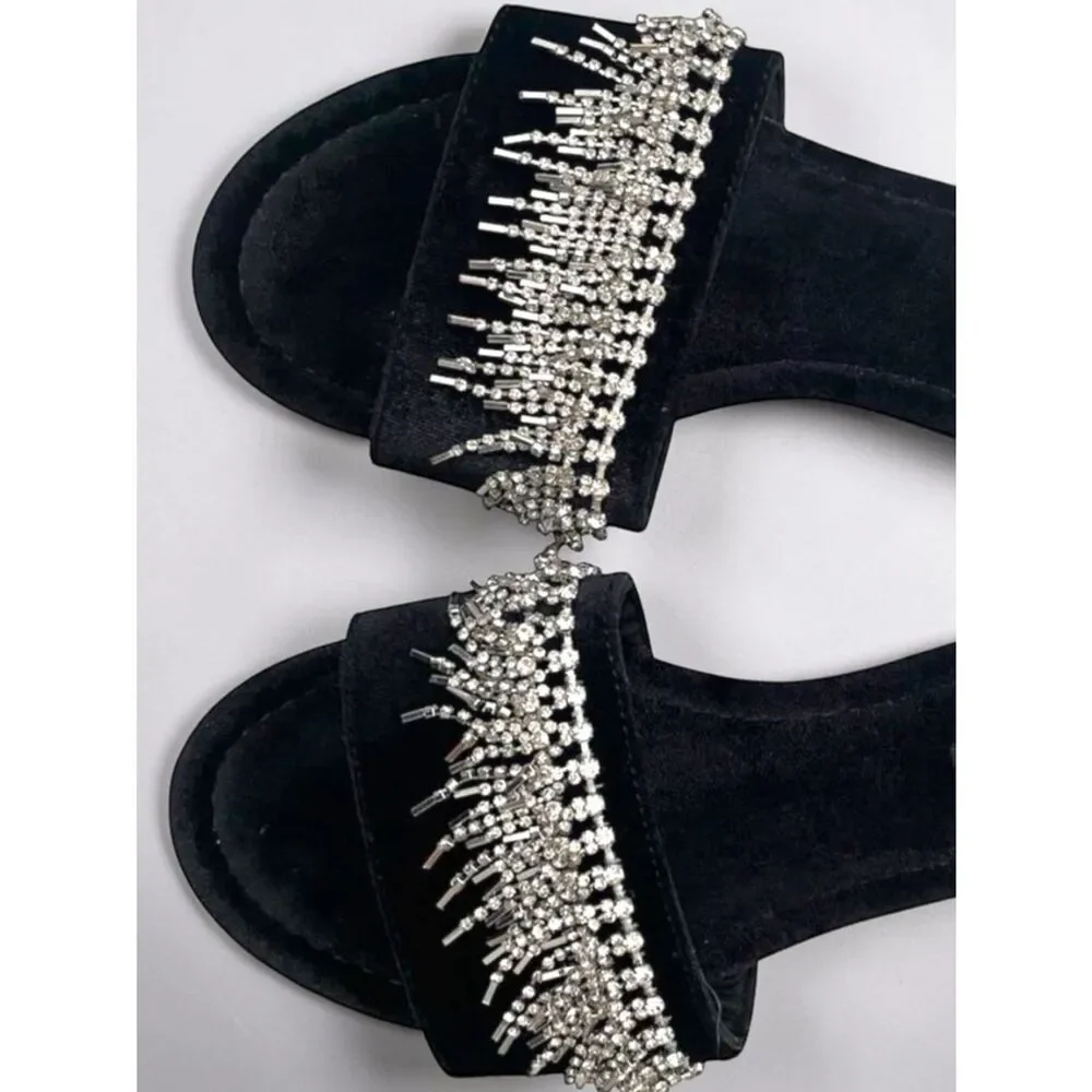 Victoria’s Secret l Black Silver Fringe Bling Flat Slippers, Slides l Med 8-9